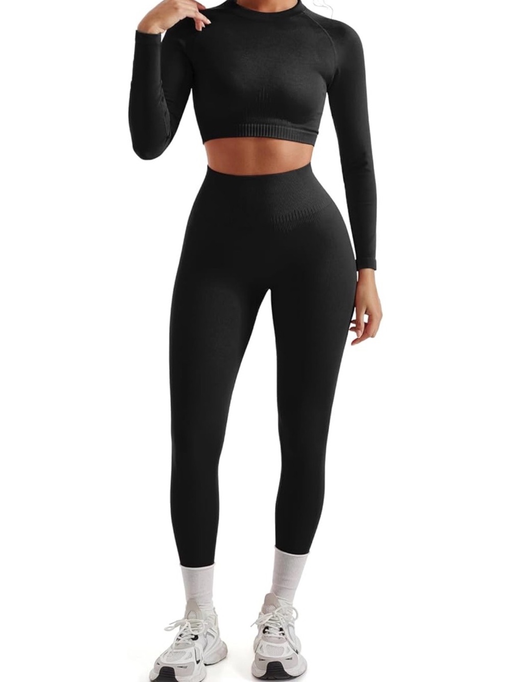 Black High-Waist Seamless Leggings - Long Sleeve Active Set